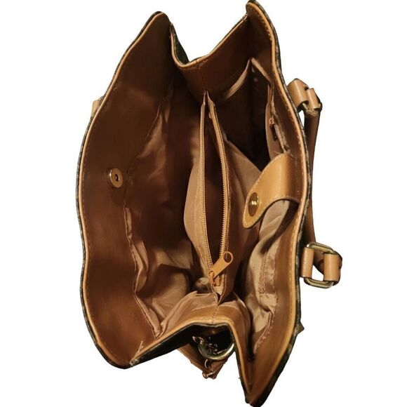 Women's Brown Lock & Key Charm Gold Hardware Multi-Compartment Shoulder Bag - Picture 4 of 5